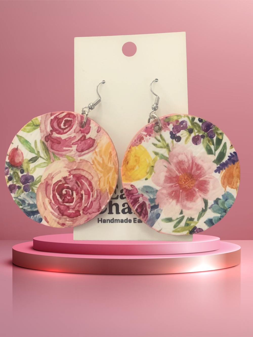 New Handmade Floral Wood Earrings - Pink Multicolor